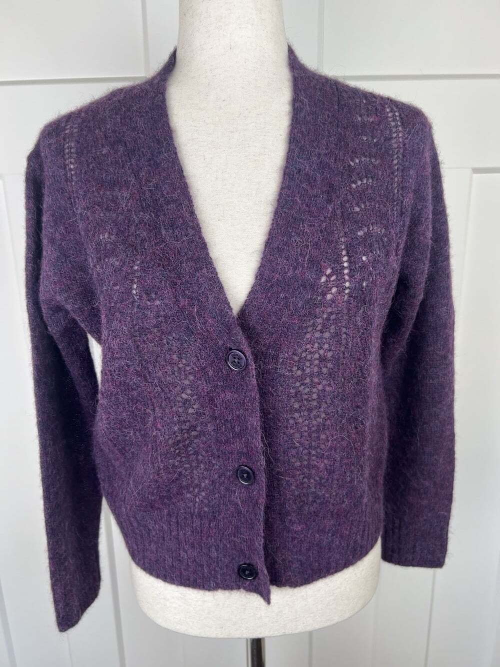 NWT Pacas Baby Alpaca Merino Wool Cardigan Sweater Purple Pointelle S Preppy